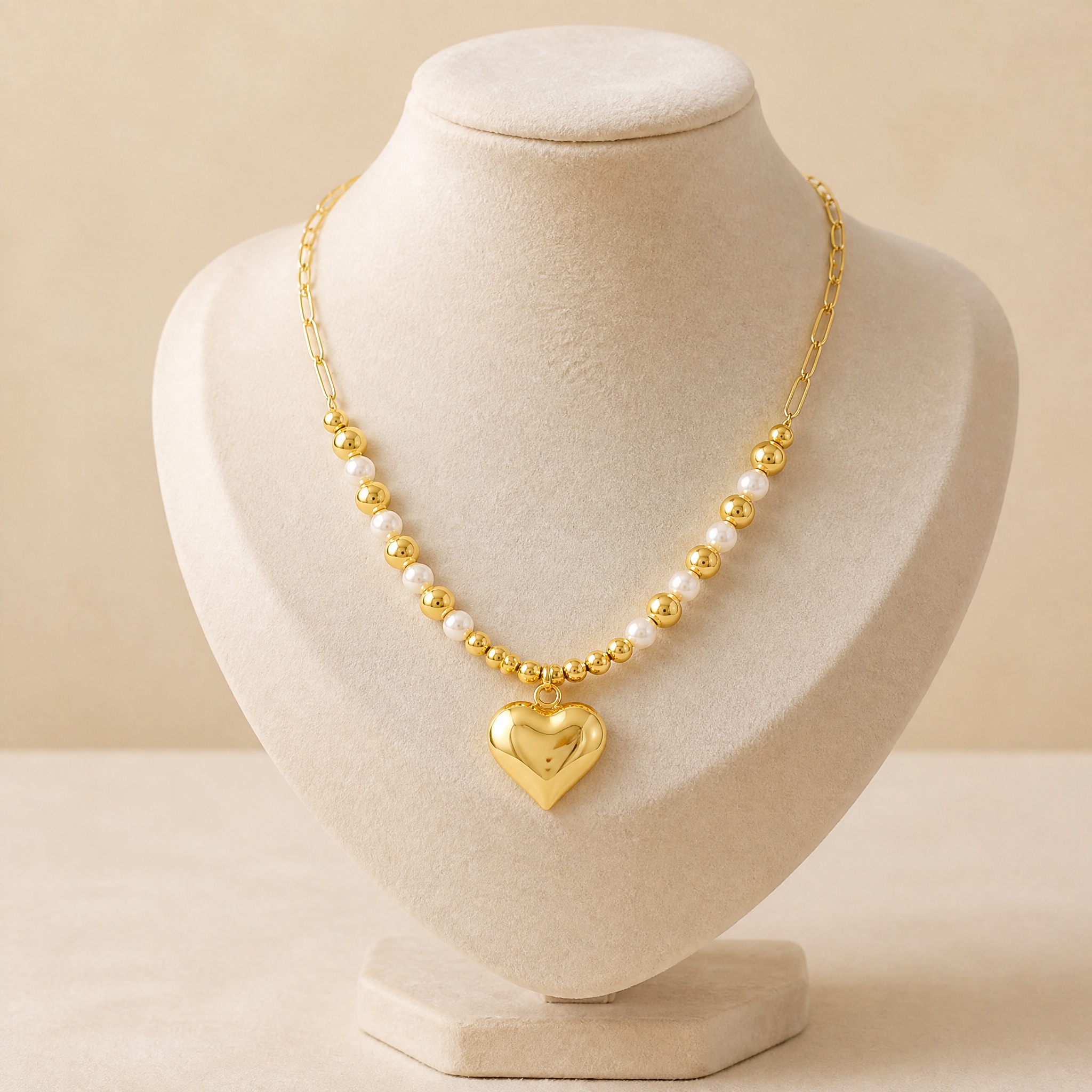 colier_inima_aurie_perle_bust_2 Colier placat cu aur de 14K, model celebrity cu lanț combinat din zale dreptunghiulare agrafă, perle albe și pandantiv mare în formă de inimă plină fără pietre , 45 cm, Noem® - imagine 1