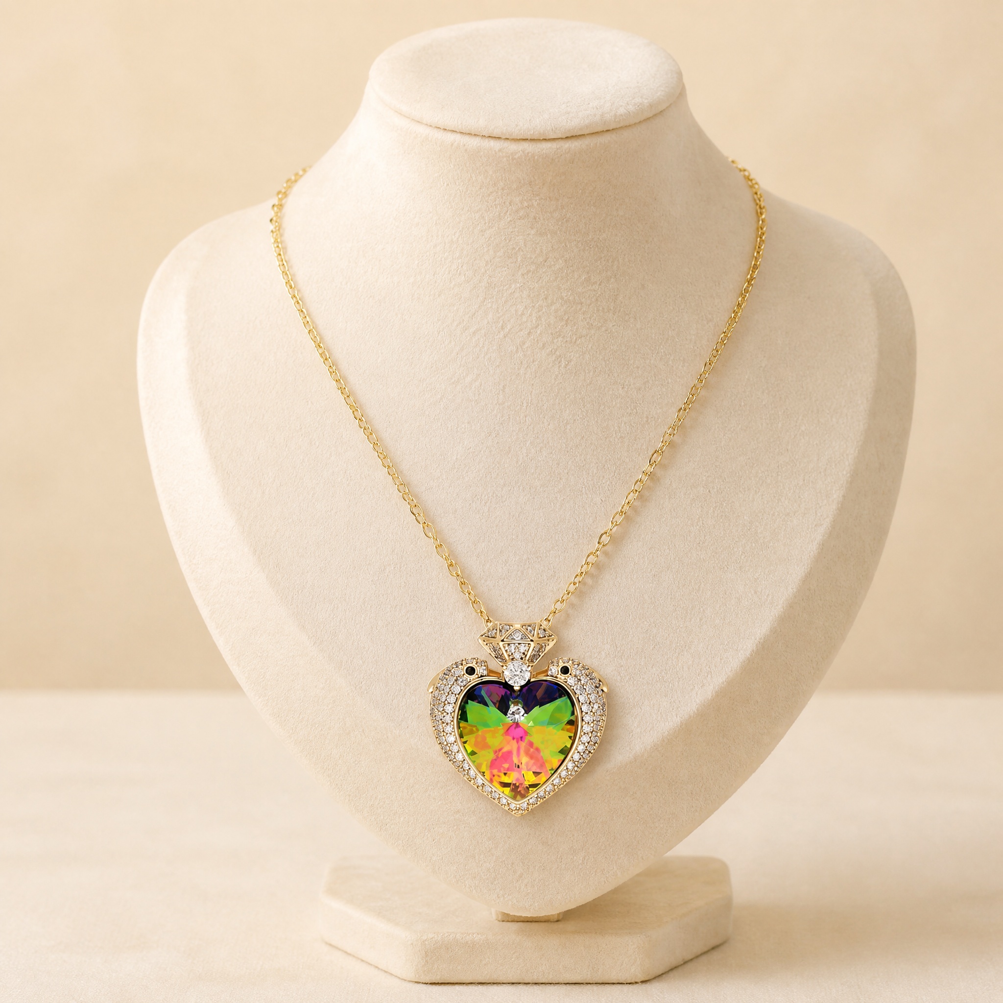 colier_inima_irizata_bust1_2 Colier placat cu aur 14K, model de lux cu un pandantiv spectaculos în formă de inimă pavată pe margini cu cristale mici și un cristal central Vitrail cu reflexii multicolore , 40+5 cm, Noem® - imagine 1