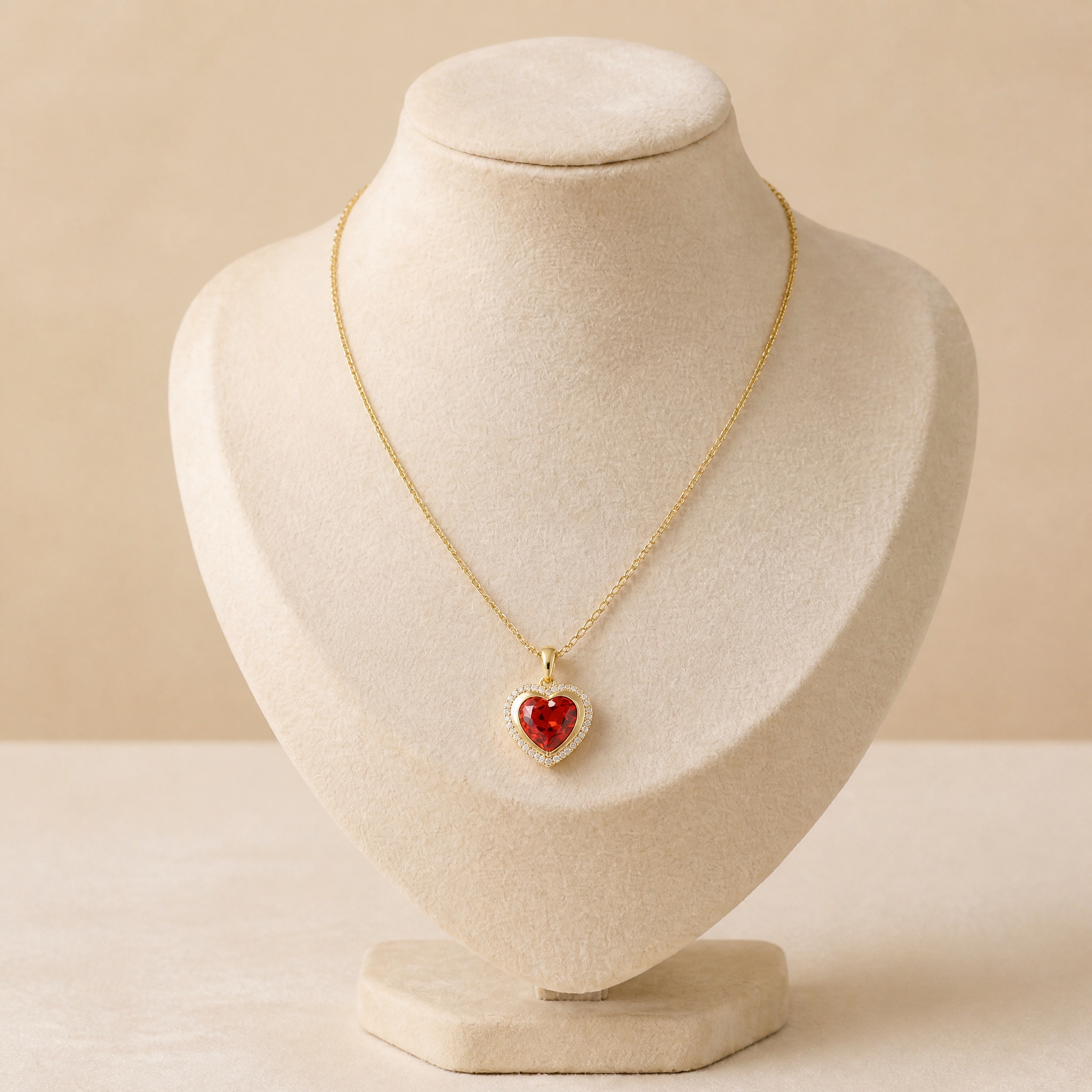 colier_inima_rosie_halo_bust1_2 Colier elegant placat cu aur 14K, lățisor fin cu pandantiv inimă roșie încrustată cu cristale, 40+5 cm, Noem® - imagine 1