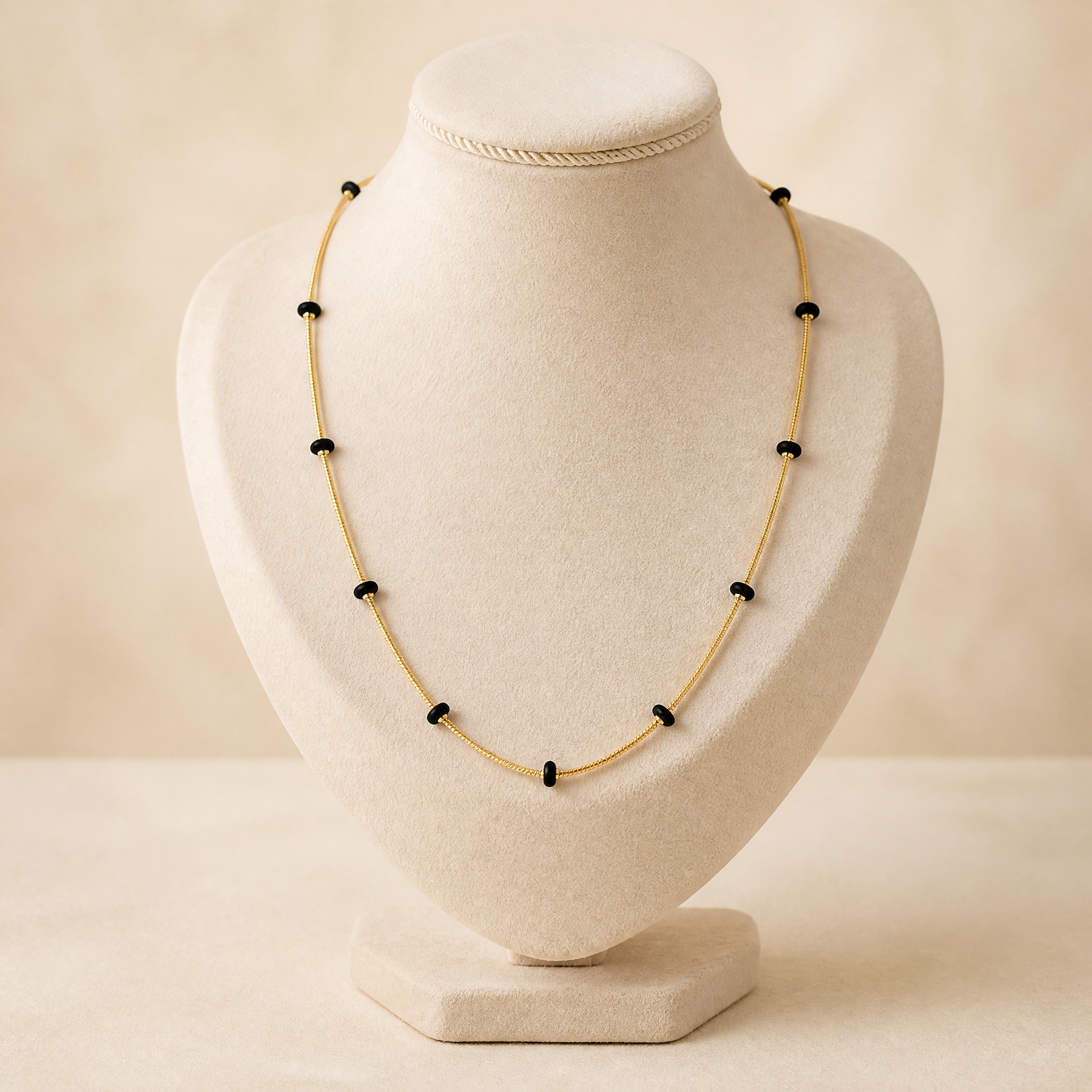 colier_margele_negre_bust2_2 Colier placat cu aur 14K, model elegant cu mărgele mici negre intercalate simetric pe un lanț fin tip șnur, 60 cm / 4/1 mm, Noem® - imagine 1