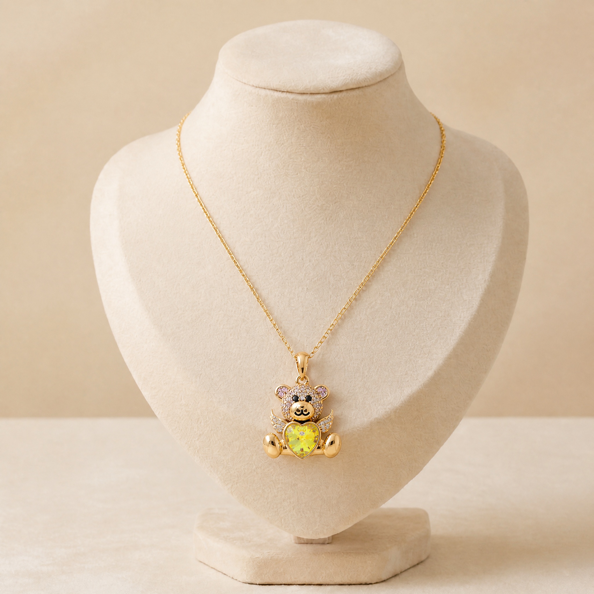 colier_ursulet_inima_verde_bust1_2 Colier placat cu aur 14K, model lănțișor cu pandantiv ursuleț și cristal Topaz deschis, 40+5 cm, Noem® - imagine 1