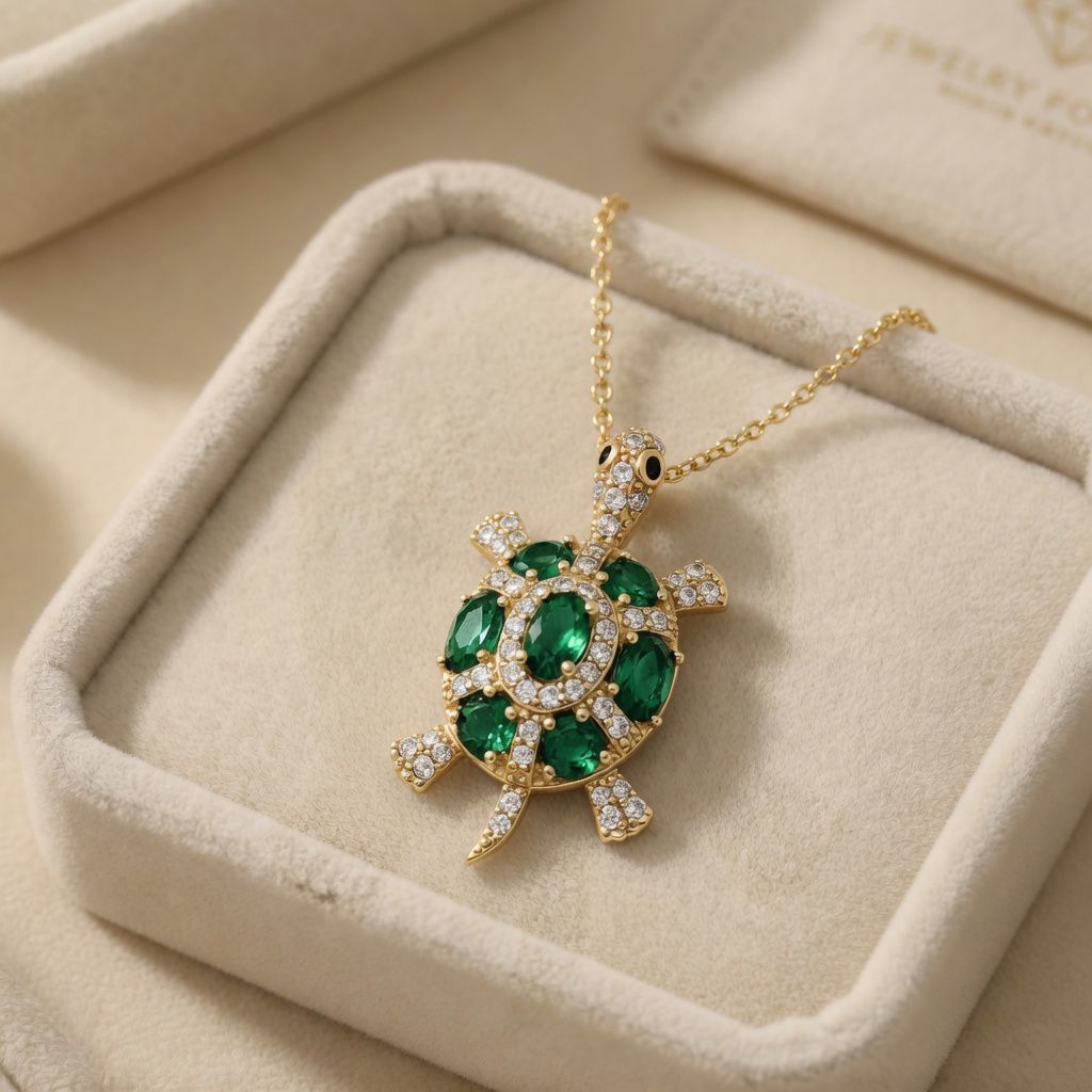nm Pandantiv elegant placat cu aur 14K, 32/18 mm, model țestoasă cu pietre verzi și cristale, Noem® - imagine 1
