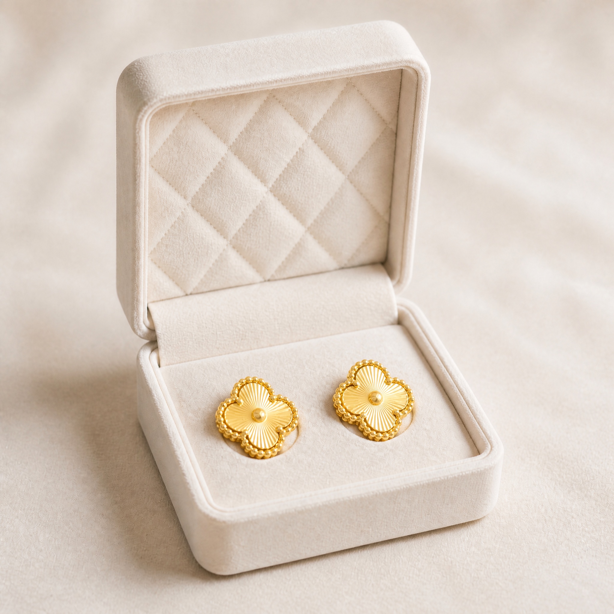 noem_cercei_stud_trifoi_sunburst_2 Cercei cu șurub placați cu aur de 14K, model trifoi norocos complet metalic gravat în raze cu margini perlate fără pietre, Noem® - imagine 1