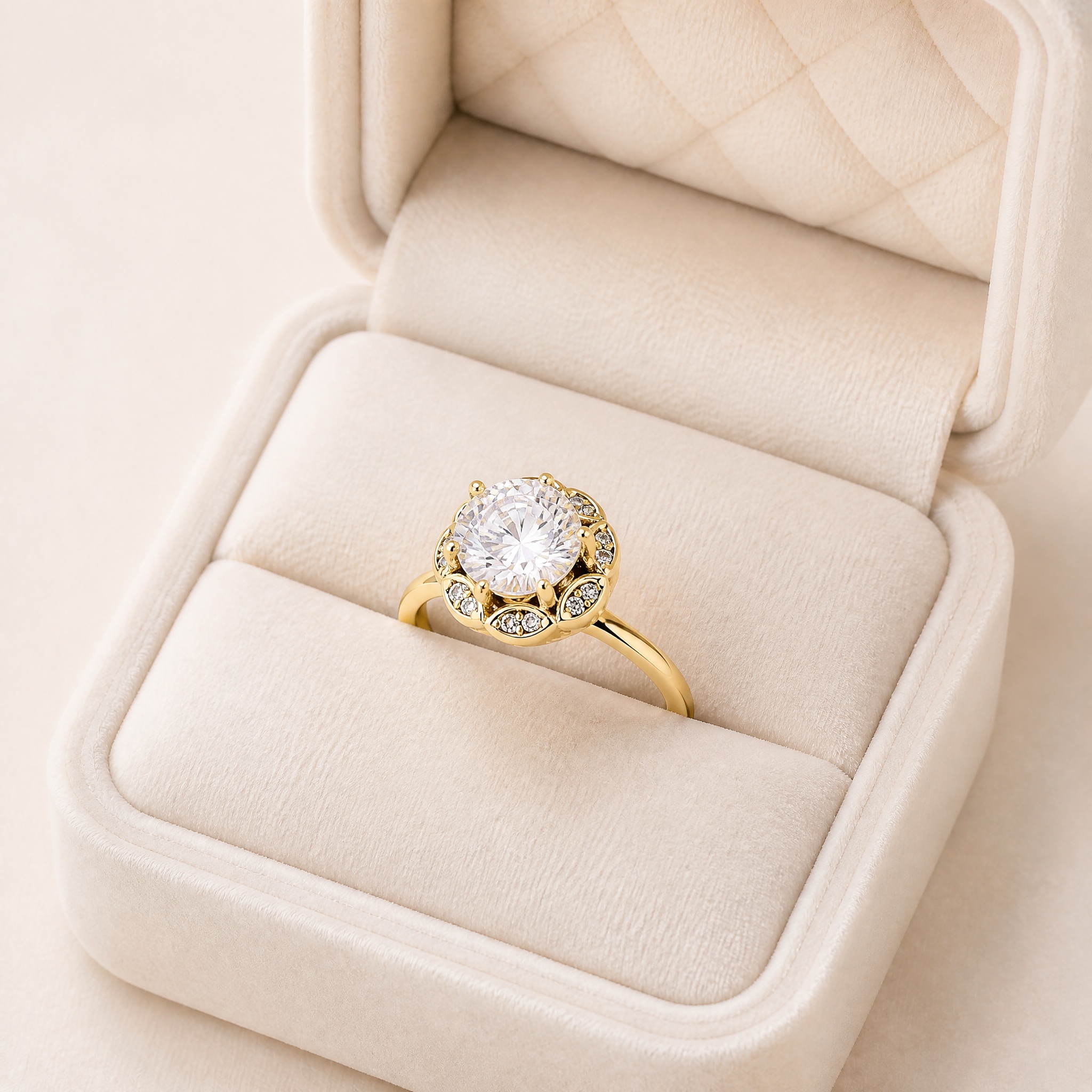 noem_inel4_rotund_mare_gheare_floral_2 Inel placat cu aur de 14K, model elegant de logodnă cu cristal central mare rotund și montură fină în formă de floare, 8 mm,marimea 7, Noem® - imagine 1
