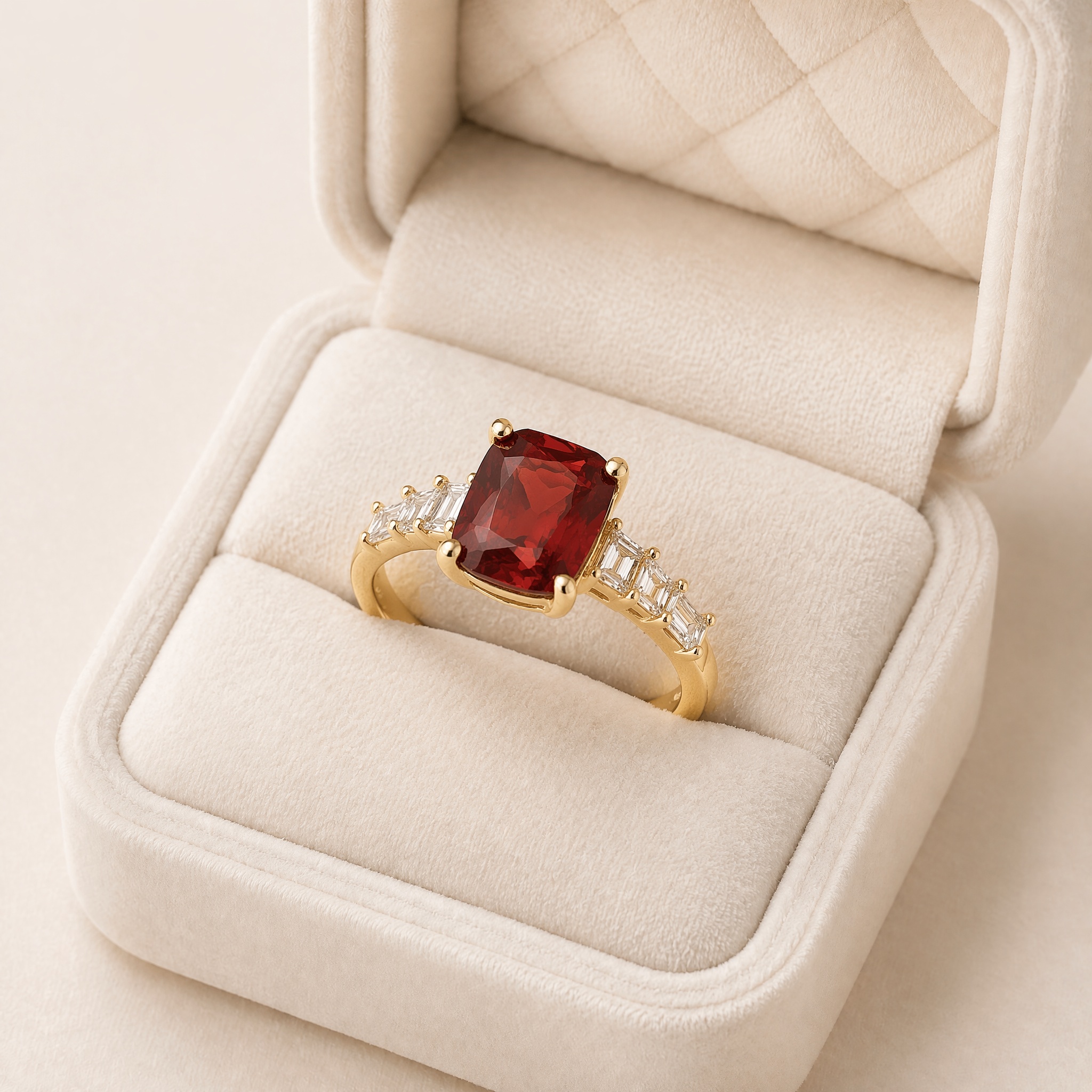 noem_inel_rubin_emeraldcut_baguette_2 Inel elegant placat cu aur 14K, model cu piatră rubin și briliant, Noem® - imagine 1
