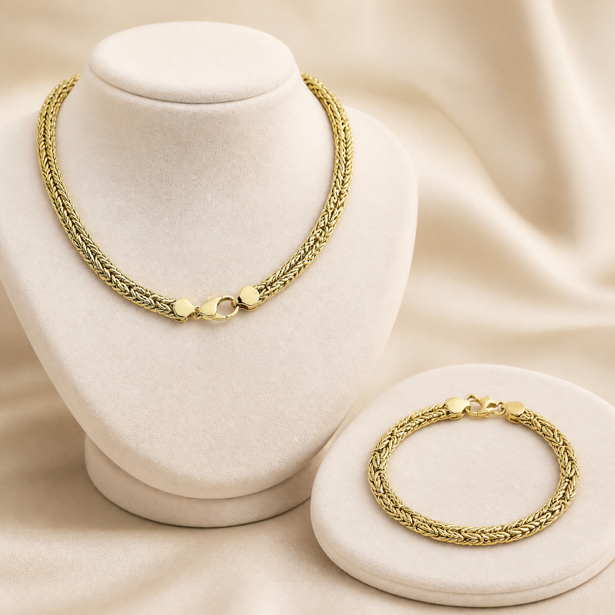 noem_set_colier_bratara_bust_v3_2 Set de bijuterii placat cu aur de 14K cu lanț și brățară asortată, design clasic unisex cu zale împletite în stil Royal, 50 cm / 20 cm / 7.3 mm, Noem® - imagine 1