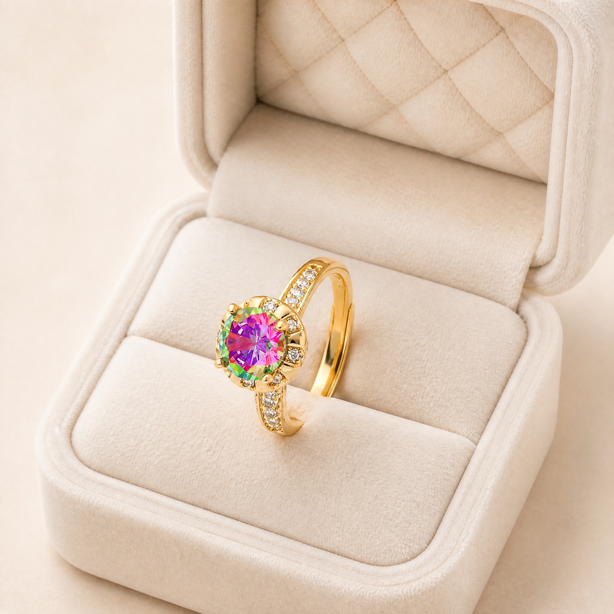 noem_v2_inel_topaz_2 Inel reglabil placat cu aur de 14K, cu cristal rotund tip alexandrit mistic multicolor și bandă parțial pavată cu pietre albe , 8 mm, marimea 6, Noem® - imagine 1