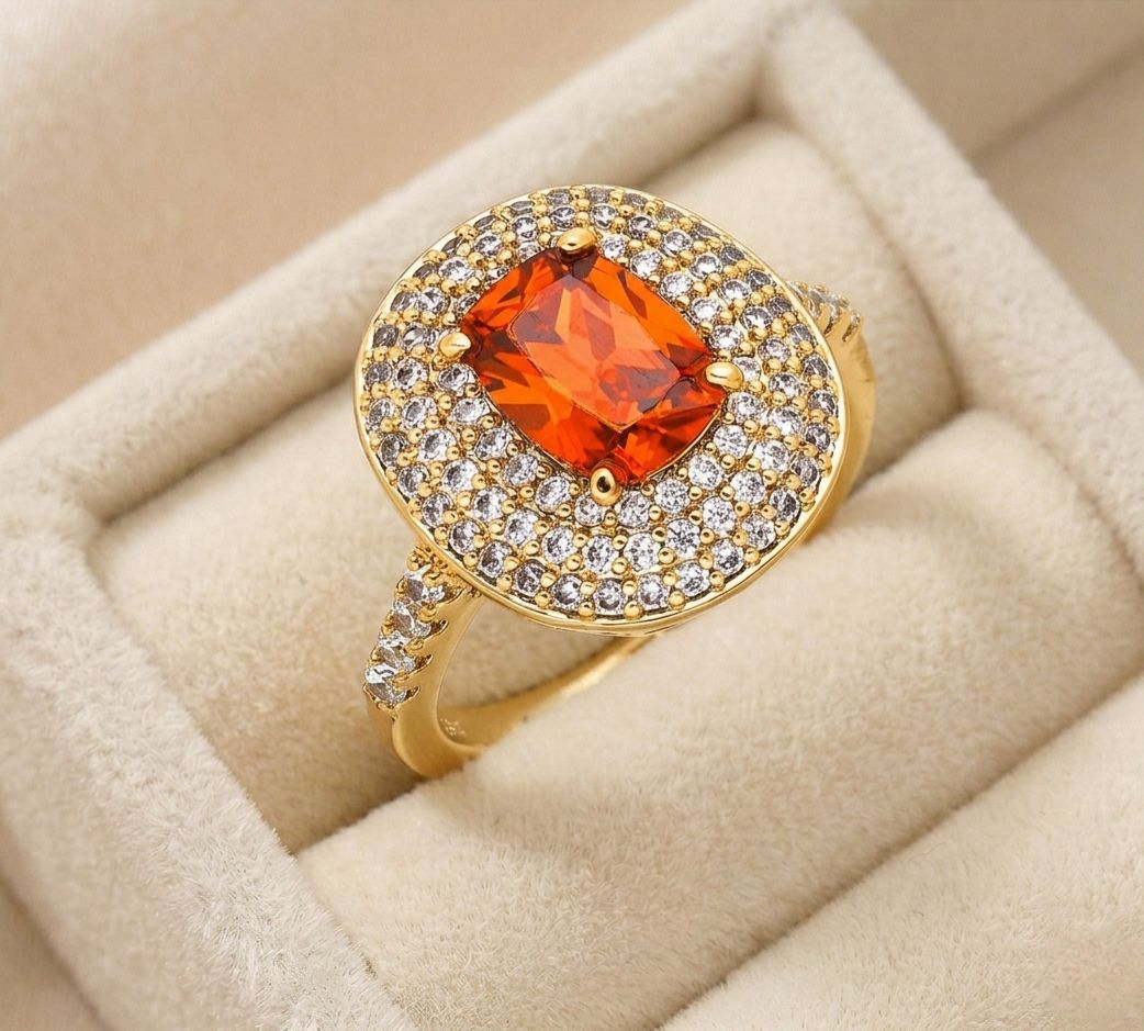 phototune.ai_1781456418 Inel luxury placat cu aur 14K, 15 mm, model cu piatră portocalie și zirconii albe, Noem® - imagine 1