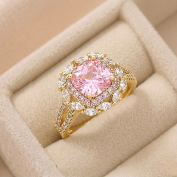 Inel elegant placat cu aur 14K, 13 mm, model cu piatră roz și cristale, mărimea 6, Noem®
