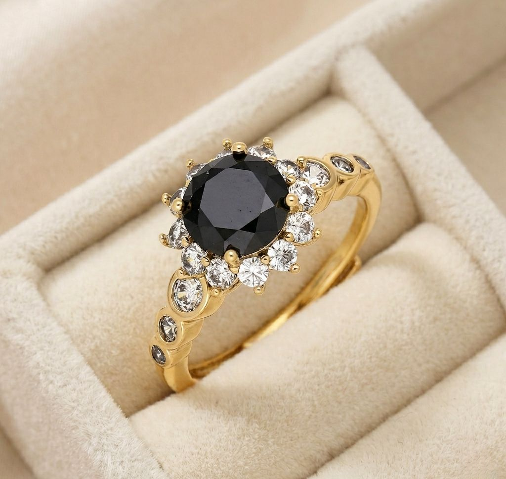 phototune.ai_1781457609 Inel elegant placat cu aur 14K, 11 mm, model cu piatră neagră și cristale albe, Noem® - imagine 1