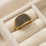 Inel elegant placat cu aur 14K, 13 mm, model cu diamante negre, mărimea 7, Noem®