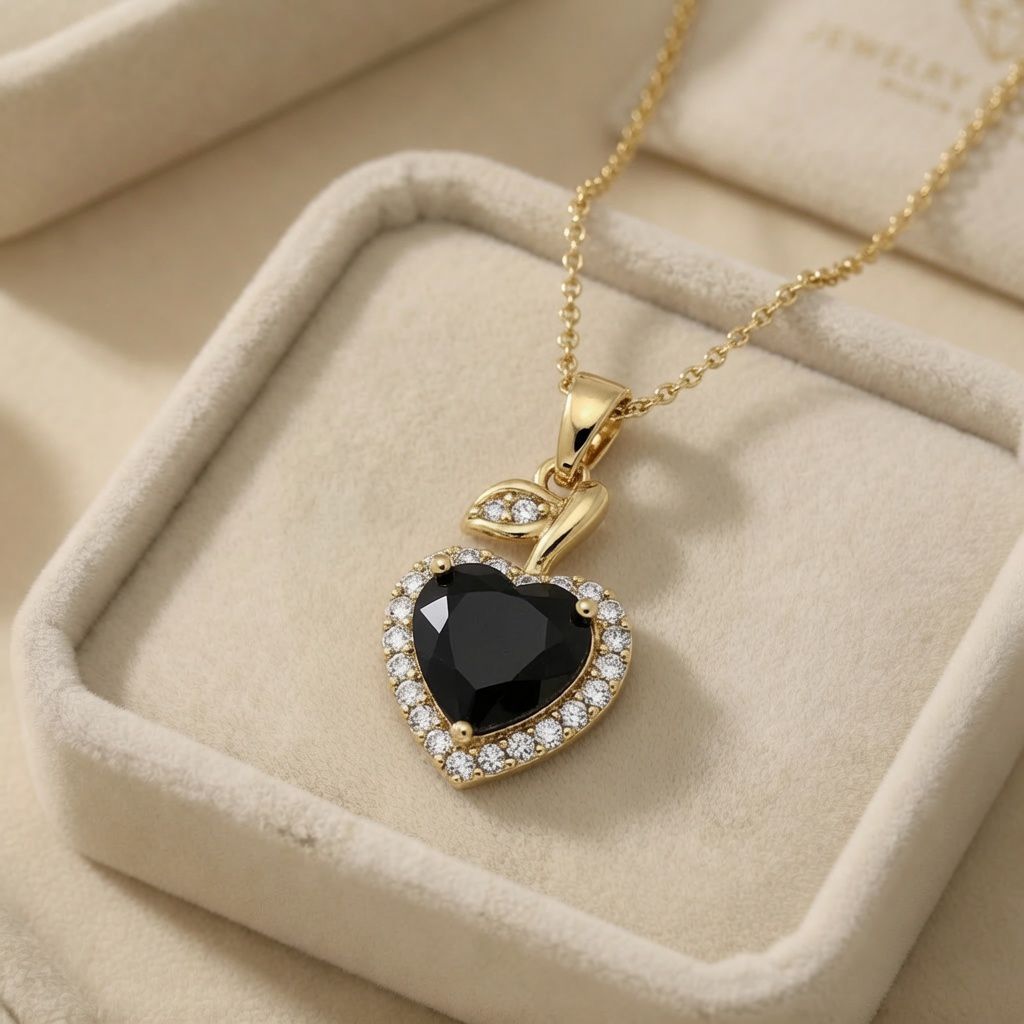 pii Pandantiv elegant placat cu aur 14K, 21/10 mm, model inimă cu piatră neagră și cristale, Noem® - imagine 1