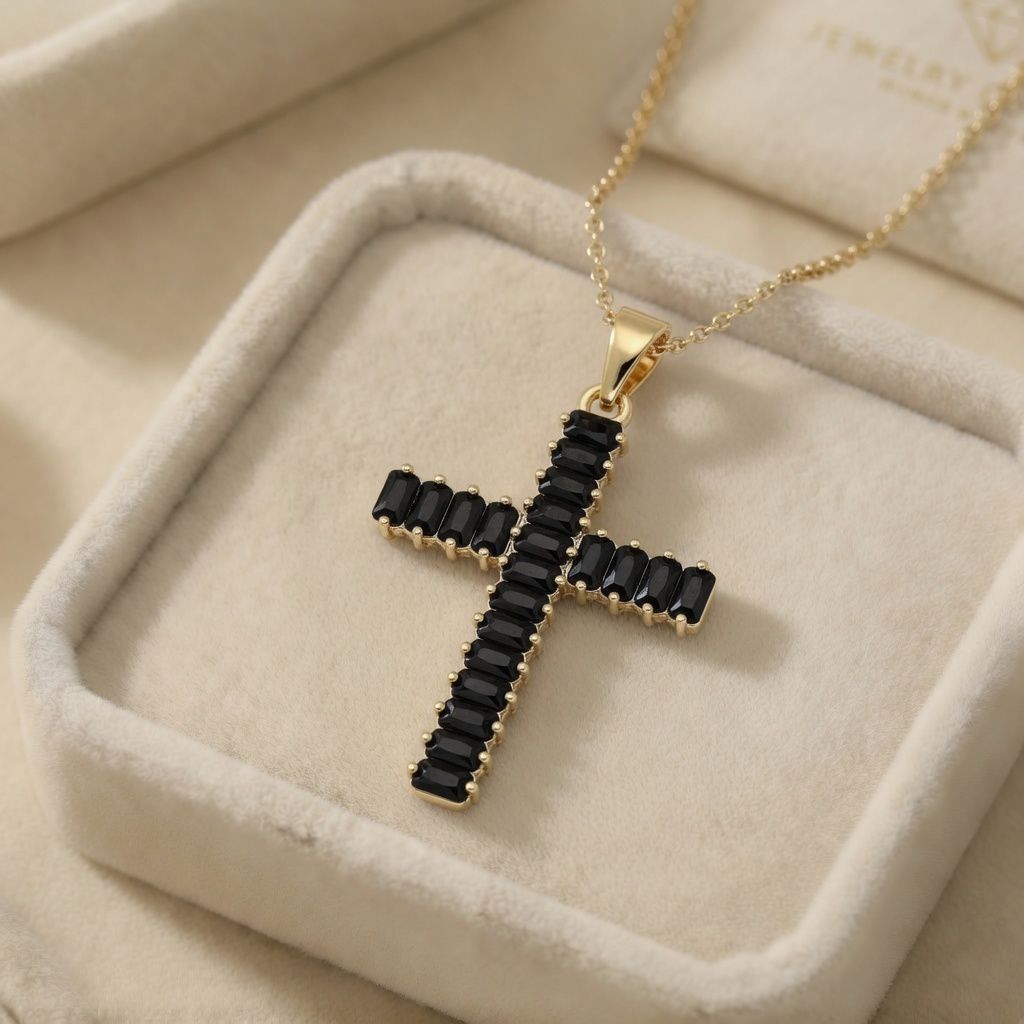 rt Pandantiv elegant placat cu aur 14K, 53/32 mm, model cruce cu briliant negru, Noem® - imagine 1