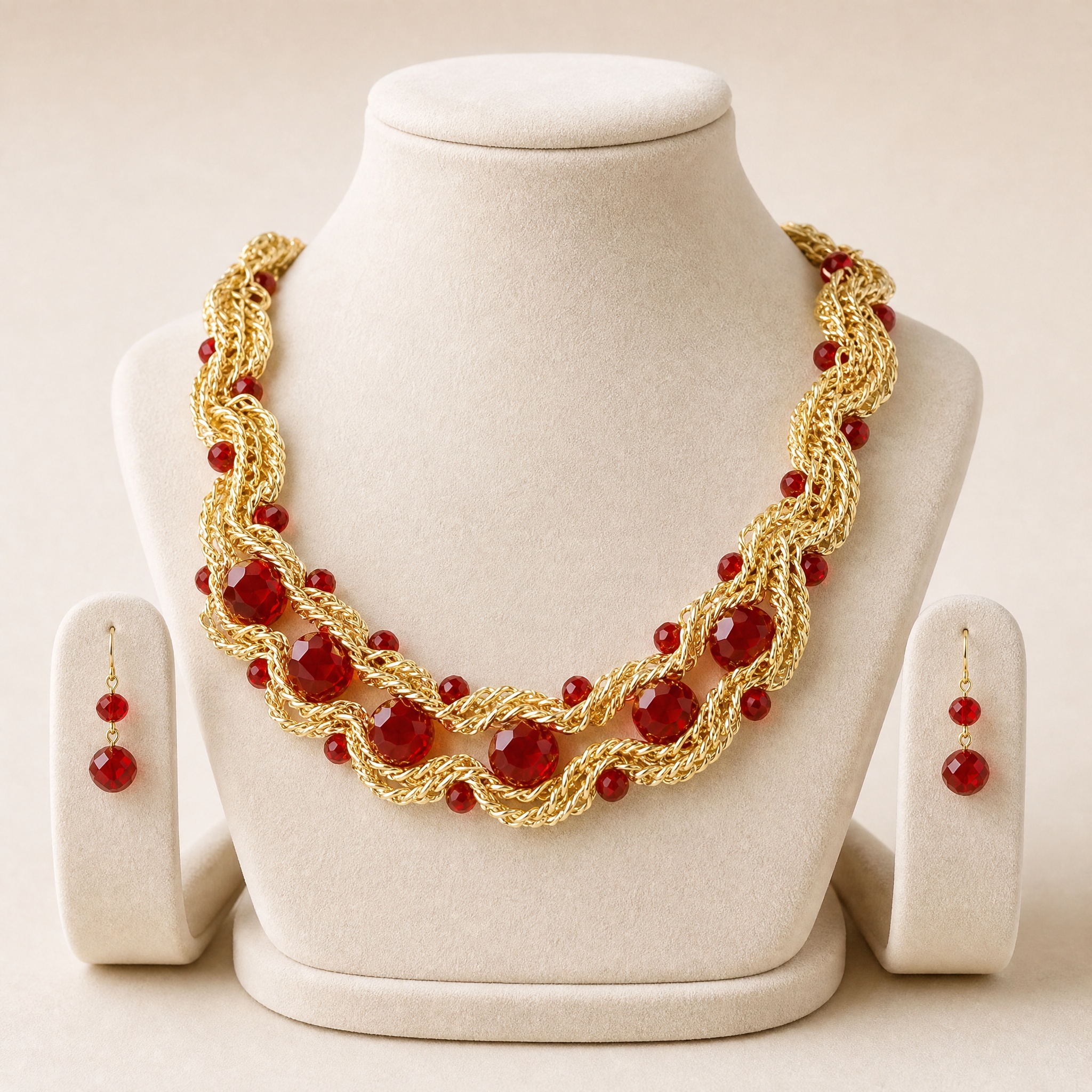 set_statement_rosu_bust_v2_2 Set bijuterii de modă colier împletit și cercei cu cristale roșii mari și mărgele rotunde pe structură din lanțuri aurii, Noem® - imagine 1