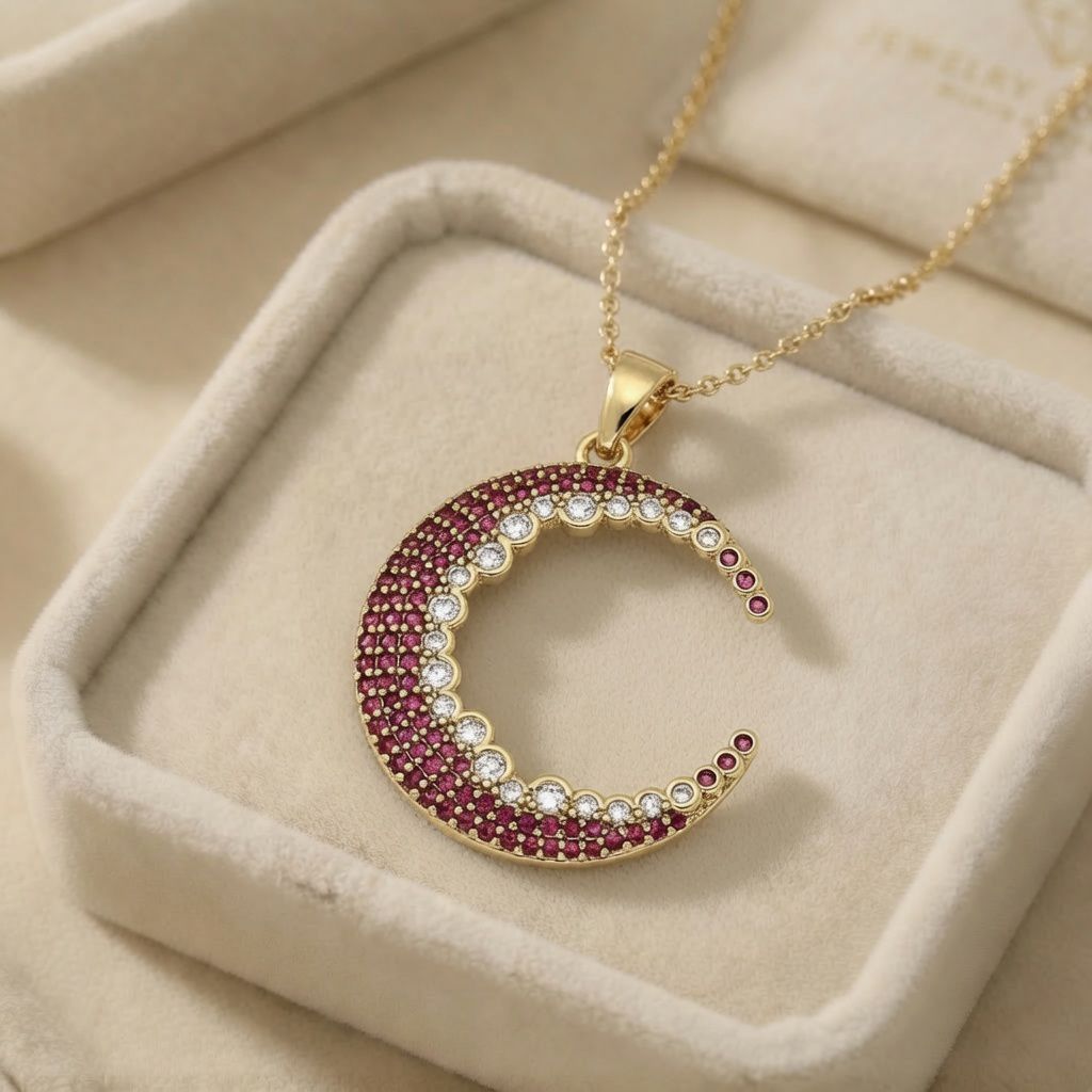 tr Pandantiv elegant placat cu aur 14K, 37/25 mm, model luna cu rubine și cristale, Noem® - imagine 1