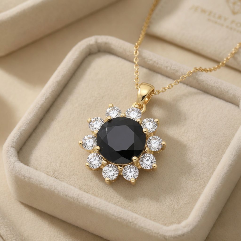 tuj Pandantiv elegant placat cu aur 14K, 25/17 mm, model cu piatră neagră și cristale, Noem® - imagine 1
