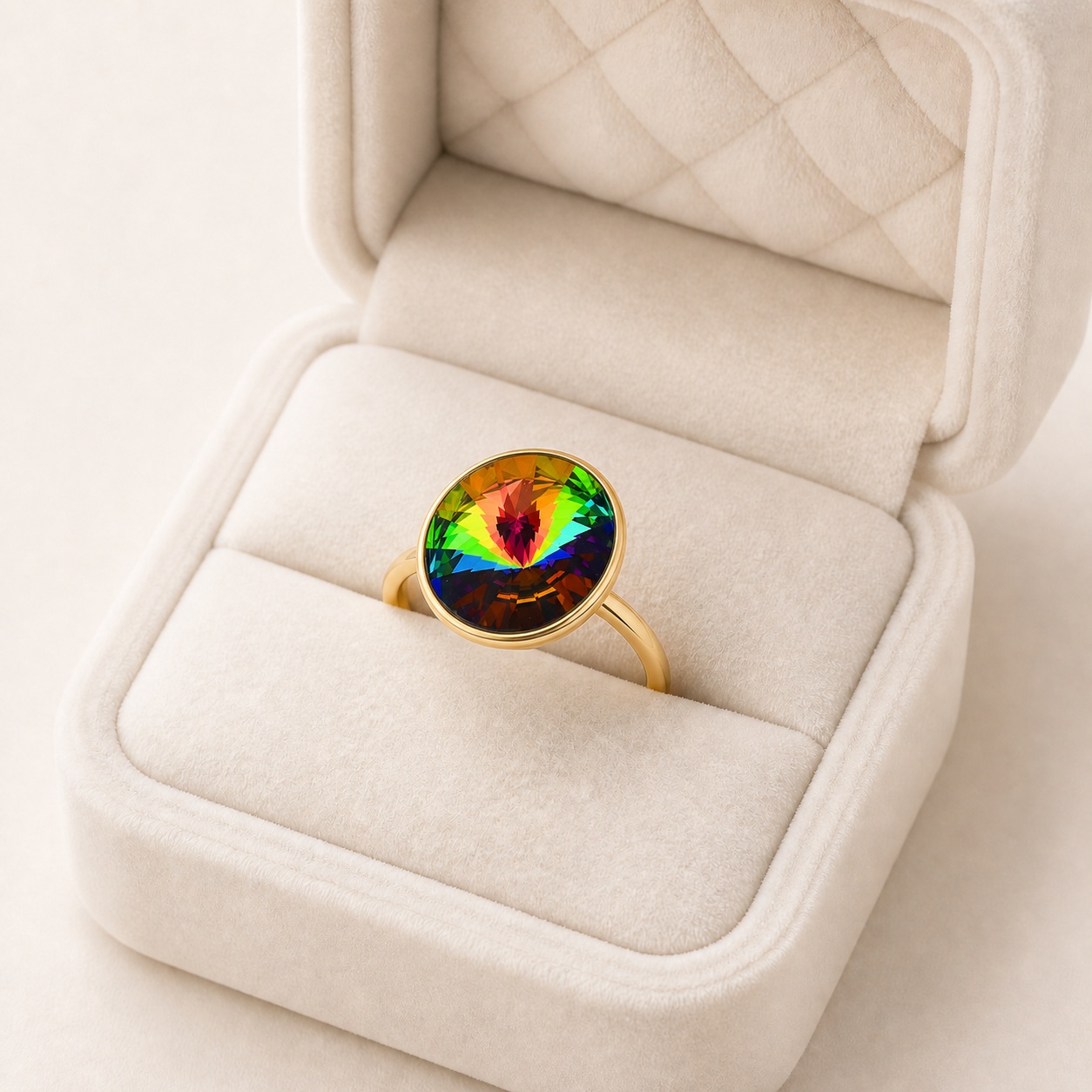 v2_oval_mare_cutie_canon_2 Inel cocktail placat cu aur de 14K, cu un cristal central rotund masiv cu efect hipnotizant Vitrail ce creează reflexii multicolore dramatice de verde, galben, roșu și violet, 20 mm, Noem® - imagine 1