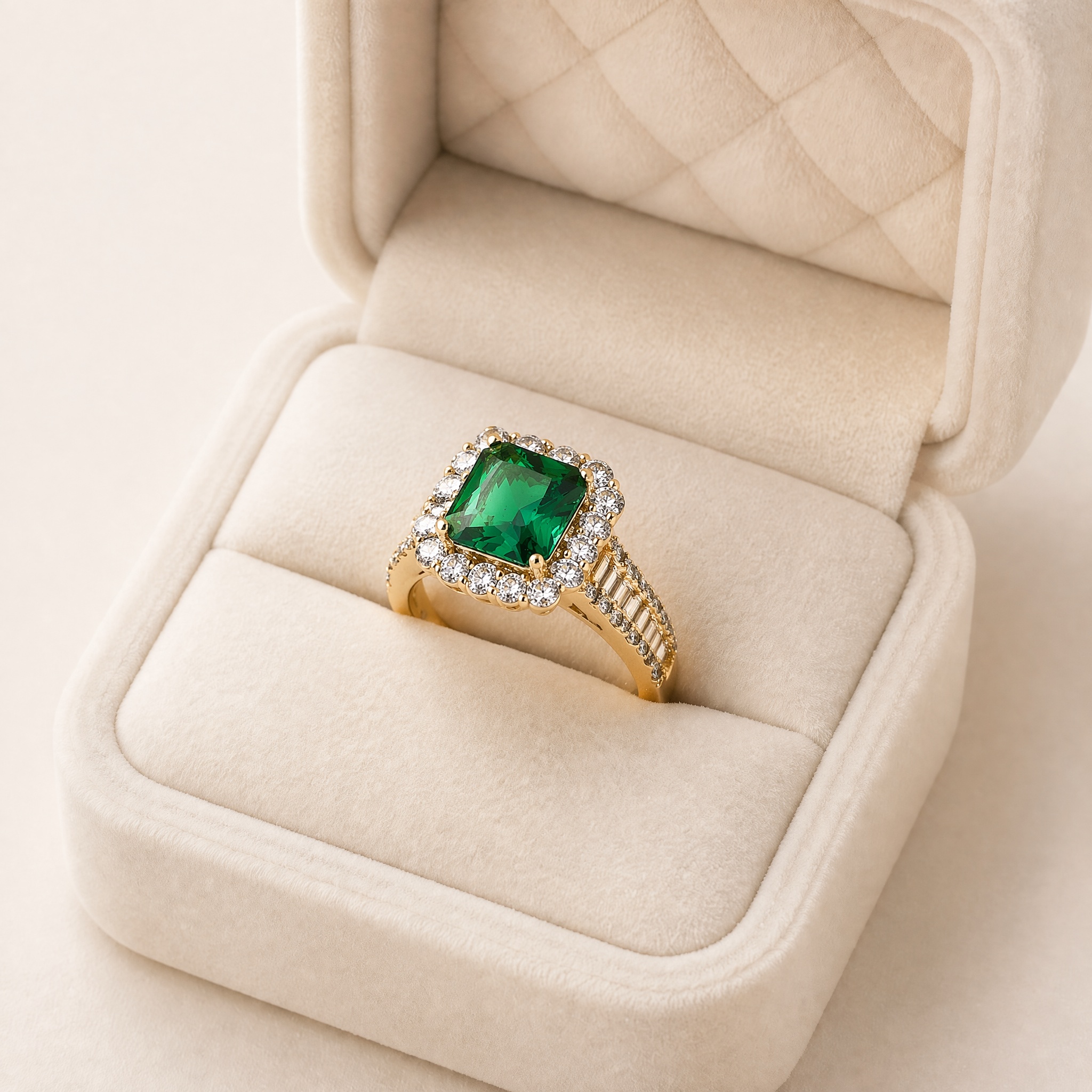 Inel smarald patrat verde Inel placat cu aur de 14K, model elegant de logodnă cu cristal pătrat verde smarald și contur strălucitor din pietre mici, 11 mm, marimea 6, Noem® - imagine 1