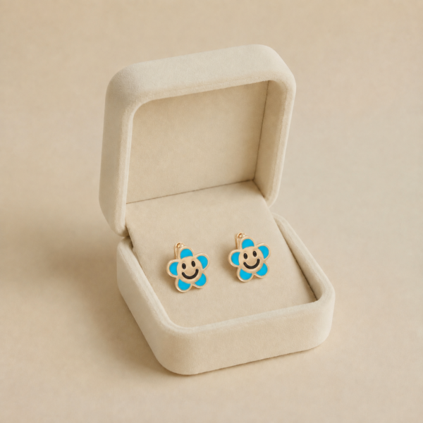 Cercei pentru copii placați cu aur de 18K, tortițe rotunde cu motiv floral smiley face, email cer, lungime 1 cm, Noem®