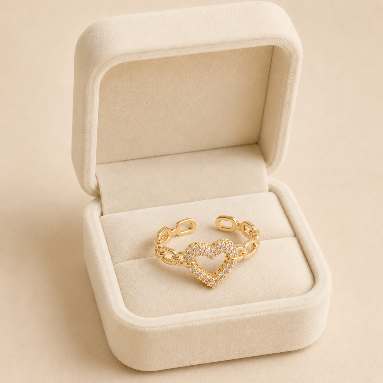 ChatGPT Image Jul 26, 2026, 05_43_44 PM Inel casual-elegant placat cu aur de 18K, model deschis ajustabil din zale metalice aurii cu contur de inimă pavat cu zirconii, Noem® - imagine 1