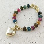 Brățară din oțel chirurgical placată cu aur de 14K cu mărgele colorate și pandantiv inimă, brățară de damă reglabilă 16+4 cm, Noem® - imagine 3