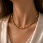 Colier din oțel chirurgical placat cu aur de 14K cu mărgele de 6 mm, colier de damă reglabil 45+10.5 cm din bile aurii, Noem® - imagine 2