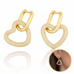 Cercei eleganți drop din oțel chirurgical placați cu aur de 14K, dimensiune 3.2x1.9 cm, în formă de inimă deschisă pavată dens cu zirconiu cubic strălucitor, Noem® - imagine 2
