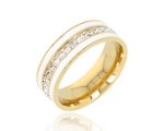 Inel elegant tip verighetă din oțel inoxidabil 316L placat cu aur, lățime 0.7 cm, decorat cu email alb și o bandă centrală din cristale de zirconiu cubic, Noem®