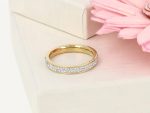 Inel de damă tip verighetă cu bandă de 0.4 cm, accesoriu din oțel inoxidabil auriu pavat fin cu două linii continue de strasuri strălucitoare, Noem® - imagine 2