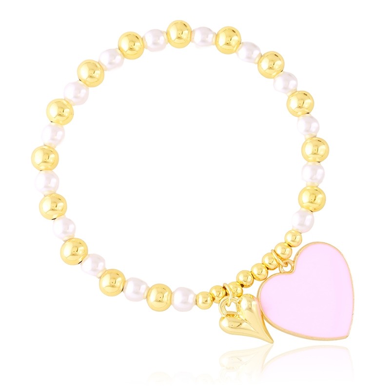 NO0861-BP26024_01 Brățară casual din oțel inoxidabil placat cu aur de 14K, șirag intercalat de perle și sfere luminoase, cu element decorativ inimă roz, Noem® - imagine 1