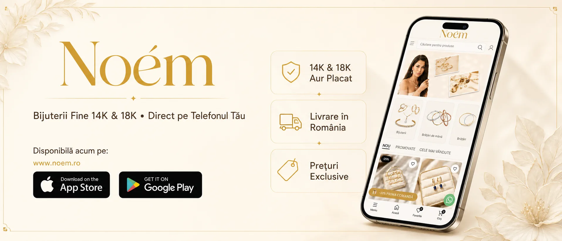 Noém — Bijuterii fine 14K & 18K, direct pe telefonul tău