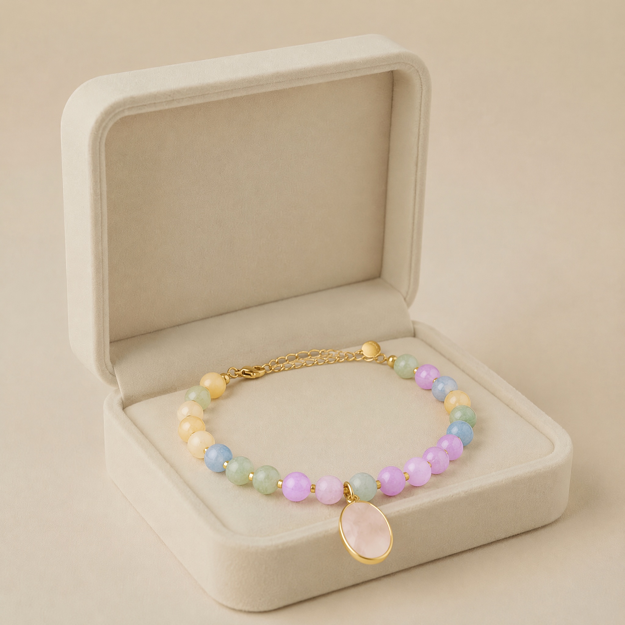 bratara_pastel_in_cutie_noem_2 Brățară estivală din mărgele sferice colorate, cu accente din oțel inoxidabil placat cu aur de 14K și pandantiv central cu piatră, Noem® - imagine 1