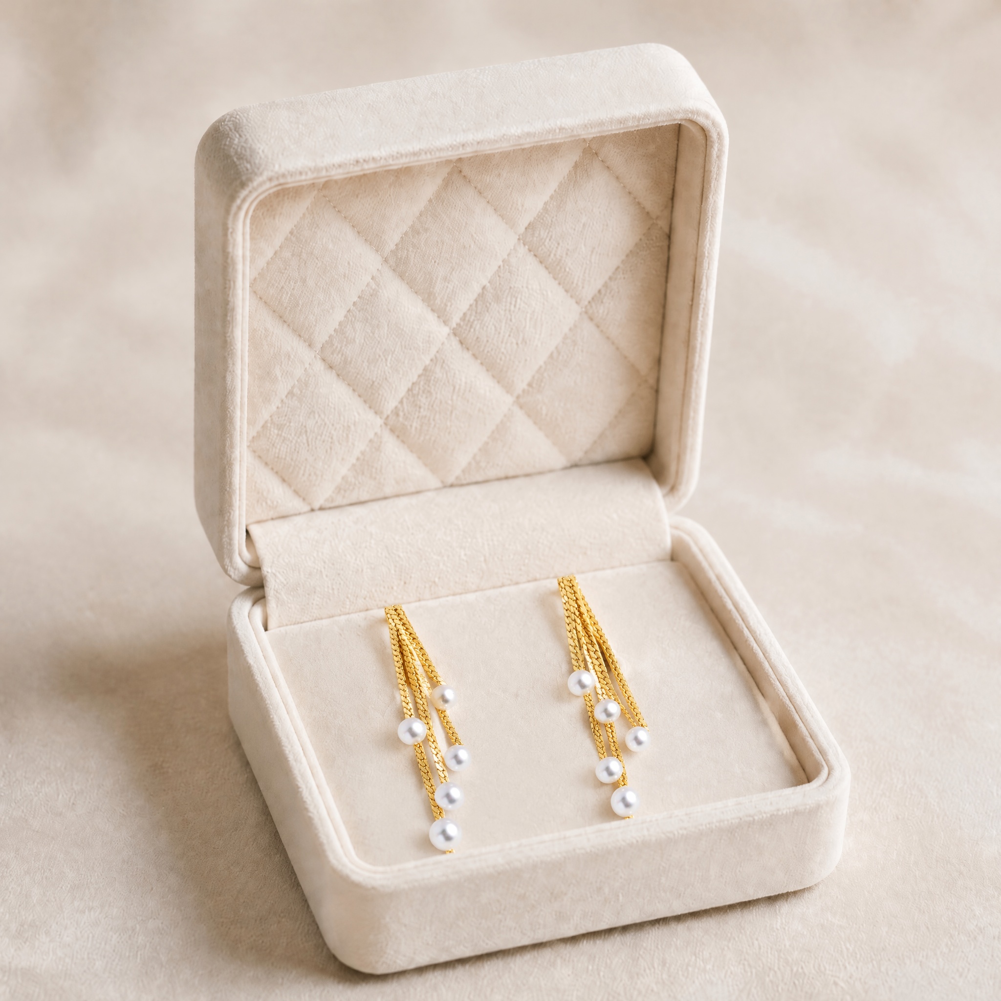 noem_cercei_lanturi_perle_in_cutie_2 Cercei din oțel chirurgical placați cu aur de 14K cu perle lungi 8x1 cm, cercei de damă eleganți tip cascadă din lanțuri aurii, Noem® - imagine 1