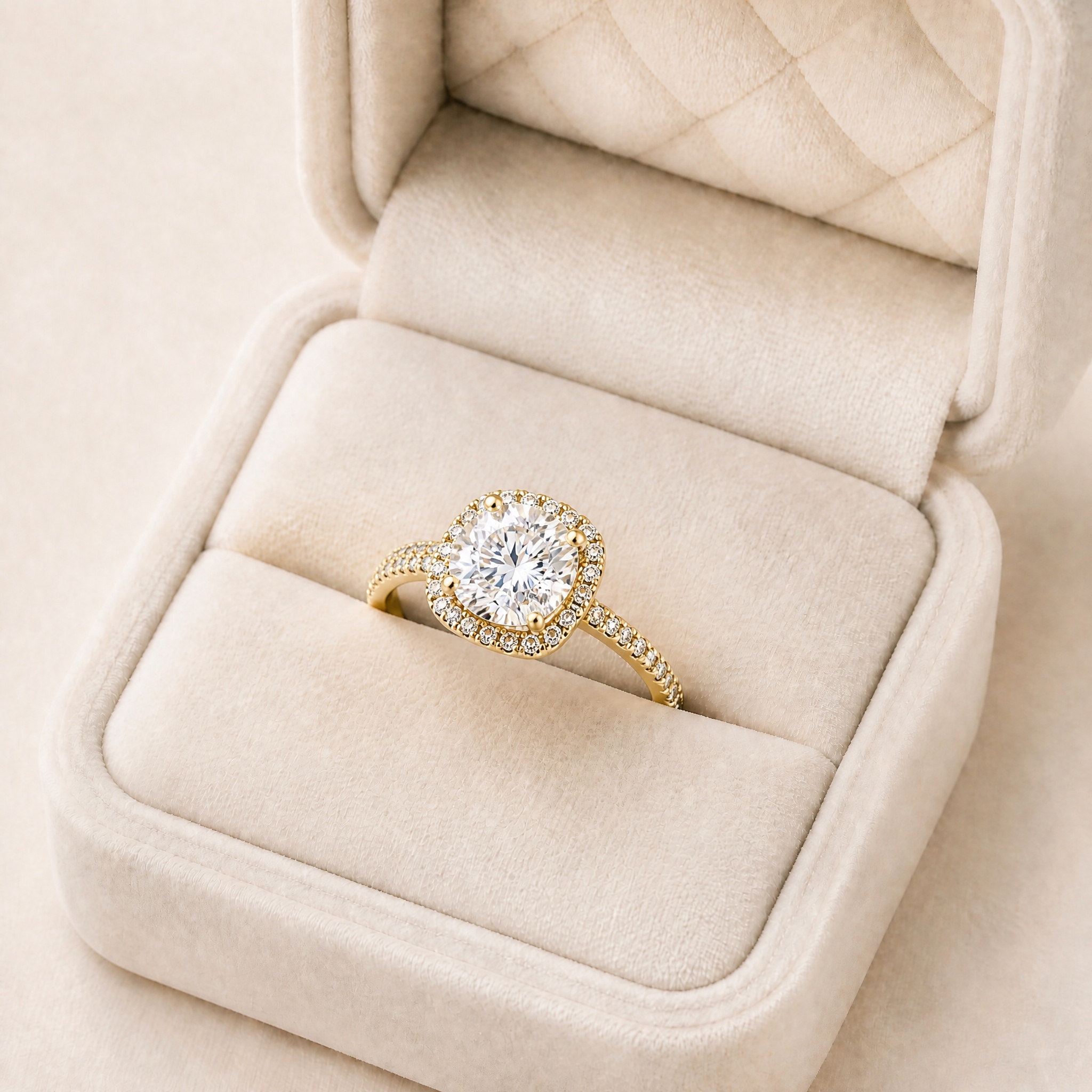 noem_inel_galben_in_cutie_crem_2 Inel de logodnă din oțel chirurgical placat cu aur de 14K cu zirconiu cubic tip halo, inel de damă strălucitor cu pietre albe clare, marimea 7, Noem® - imagine 1