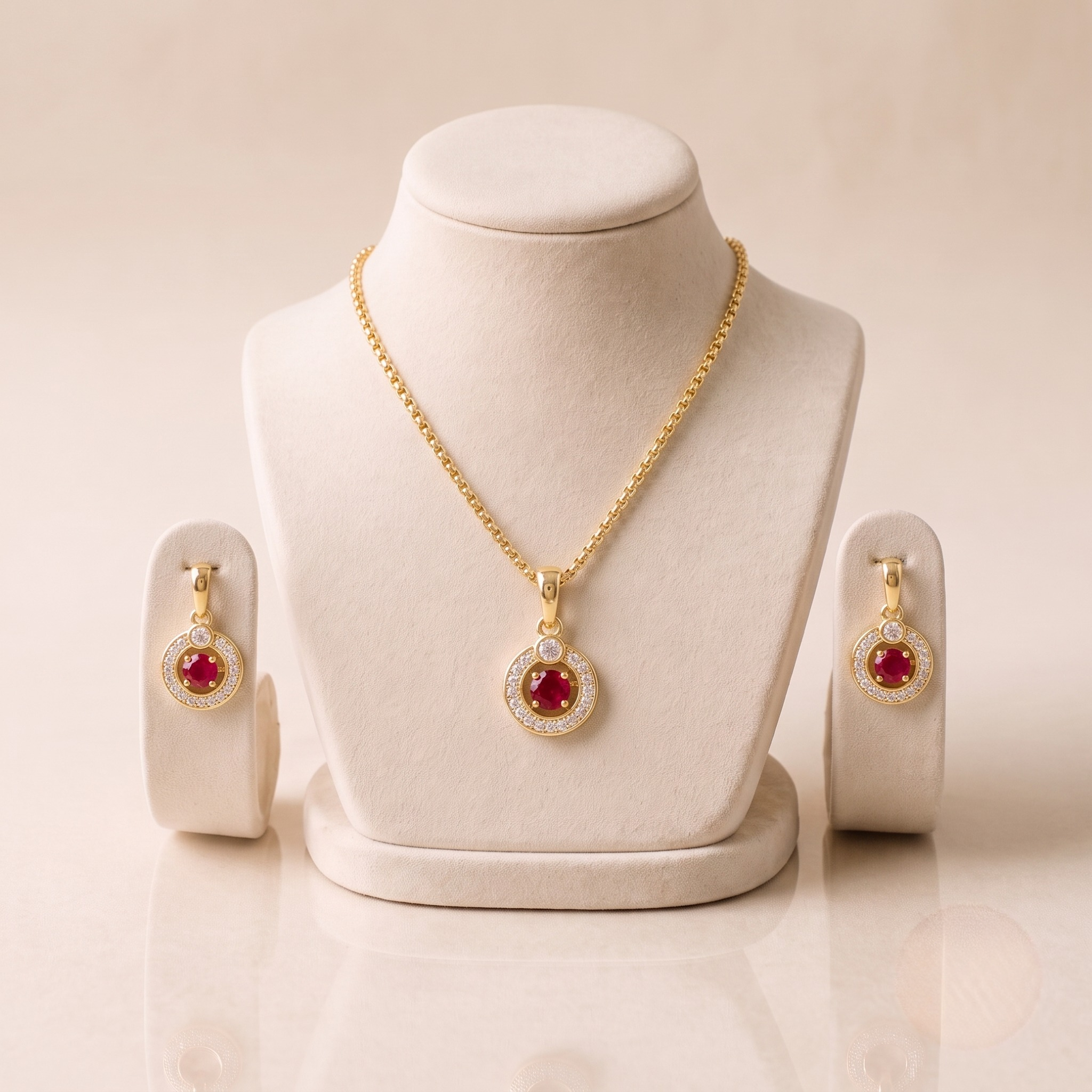 phototune.ai_1783101794 Set de bijuterii placat cu aur 18K cu colier și cercei cu cristale roz și halo alb, set de damă de ocazie cu pietre roz-fuchsia rotunde, Noem® - imagine 1