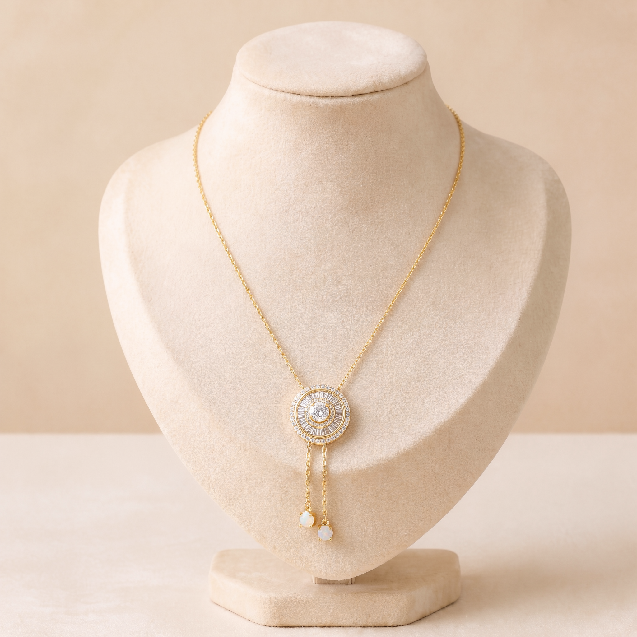 phototune.ai_1783108672 Colier placat cu aur 14K cu medalion rotund cu strasuri și ciucuri asimetrici cu cristale albe, lanț de damă elegant cu zirconiu transparent, Noem® - imagine 1