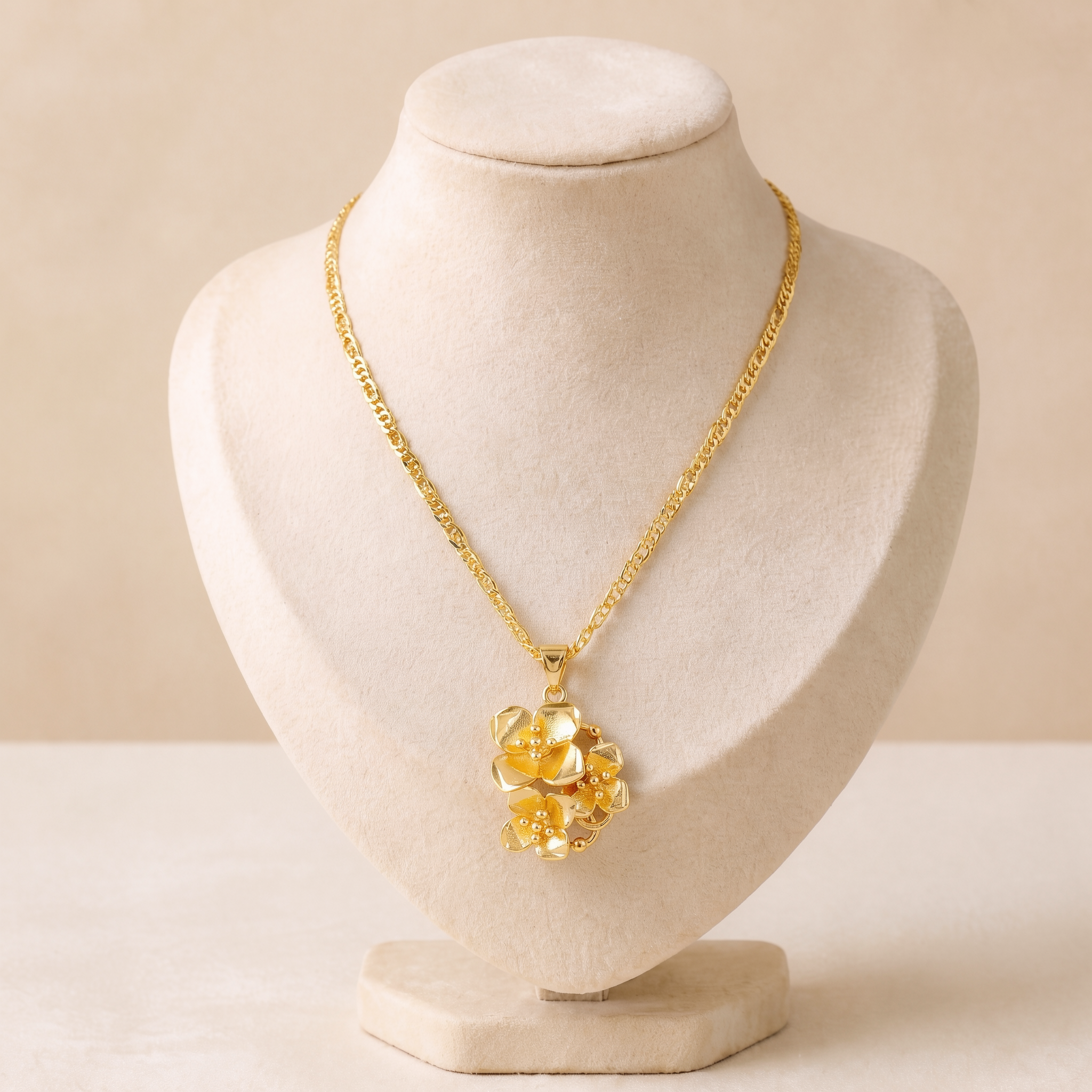 phototune.ai_1783108974 Colier placat cu aur 14K cu pandantiv buchet de flori în relief, lanț de damă răsucit cu motiv floral tridimensional fără pietre, Noem® - imagine 1