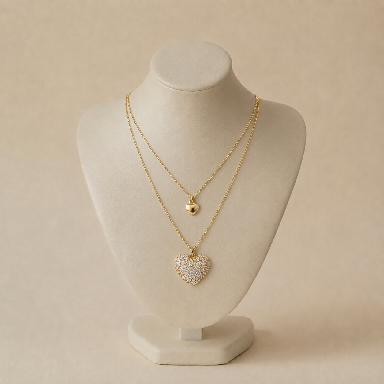 ChatGPT Image Aug 8, 2026, 01_14_09 PM Colier dublu elegant din oțel inoxidabil placat cu aur de 14K, 40+5 cm, cu inimioară netedă și inimă pavată cu zirconii, Noem® - imagine 1