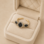 Inel deschis din oțel inoxidabil placat cu aur de 18 K, model 9 mm cu zirconii negre ovale și marquise, hipoalergenic, Noem® - imagine 2