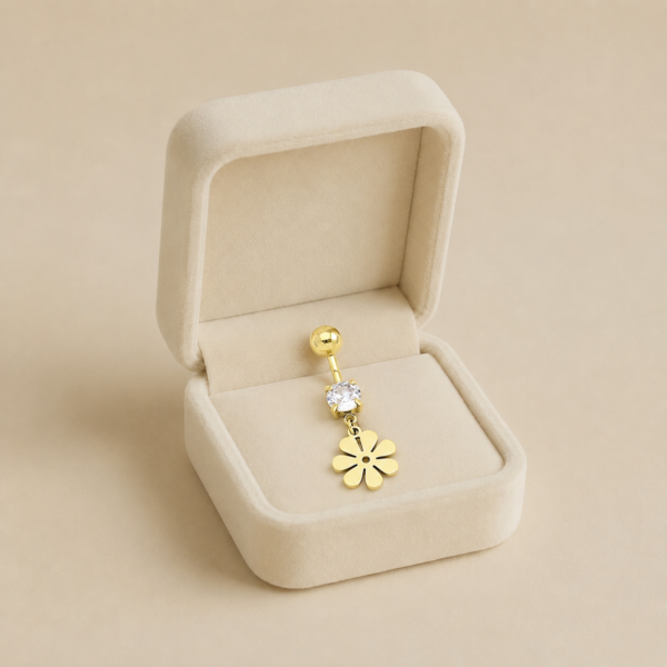 Piercing de buric din oțel inoxidabil aurit 33/10 mm, accesoriu delicat cu zirconiu clar și medalion floral suspendat, Noem®