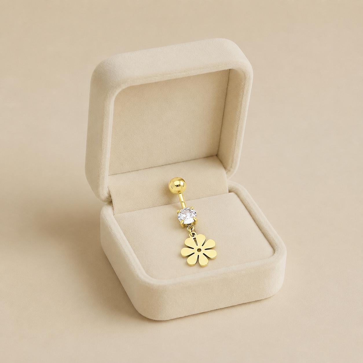 Image Aug 14, 2026, 08_54_03 PM Piercing de buric din oțel inoxidabil aurit 33/10 mm, accesoriu delicat cu zirconiu clar și medalion floral suspendat, Noem® - imagine 1