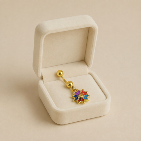 Piercing de buric din oțel inoxidabil aurit 30/10 mm, accesoriu jucăuș cu medalion floare emailată multicolor, Noem®