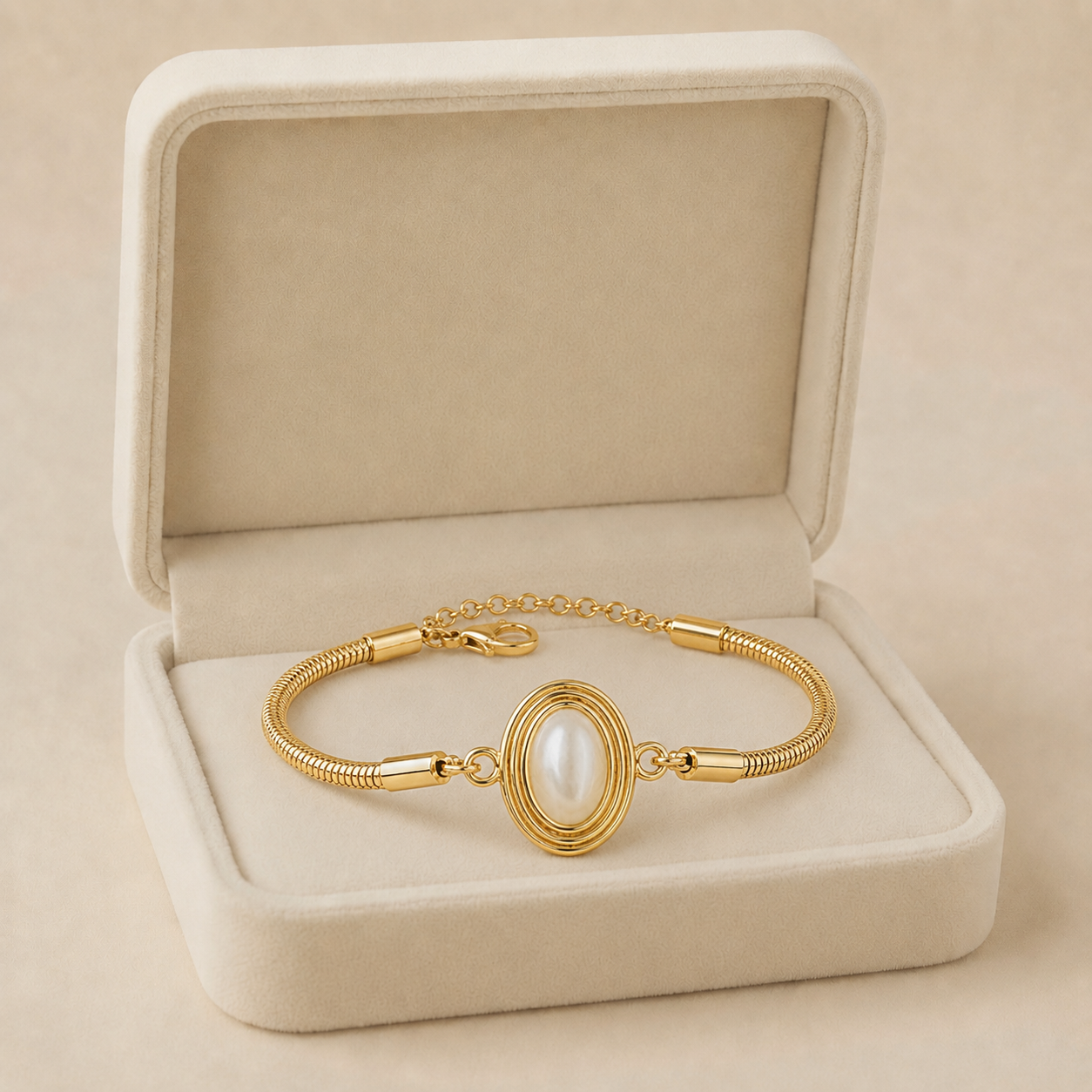 Image Aug 8, 2026, 02_48_12 PM Brățară elegantă din oțel inoxidabil placată cu aur de 14K, lungime 17+5,5 cm, cu lanț flexibil și perlă ovală centrală, Noem® - imagine 1
