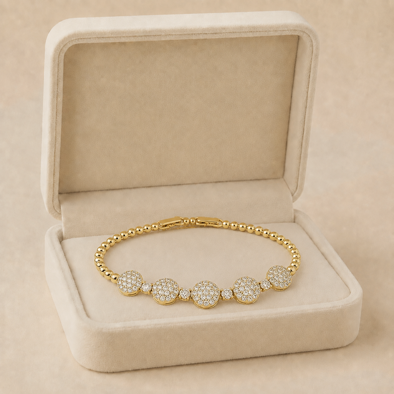 Image Aug 9, 2026, 03_48_05 PM Brățară placata cu aur de 14K, lungime reglabilă 17-19 cm, cu medalioane circulare de 8 mm pavate cu zirconiu, Noem® - imagine 1