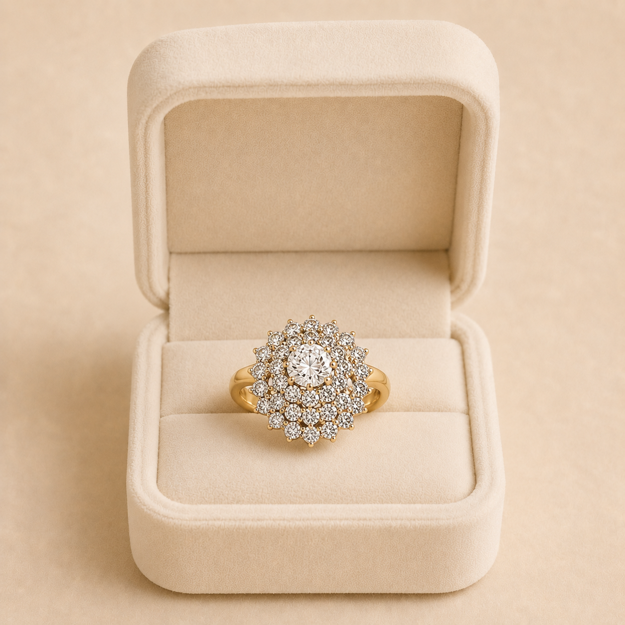 Image Aug 9, 2026, 06_27_11 PM Inel elegant placat cu aur 14K, coroană de 16 mm cu cristal central briliant și mulți-rânduri de zirconii clare, Noem® - imagine 1