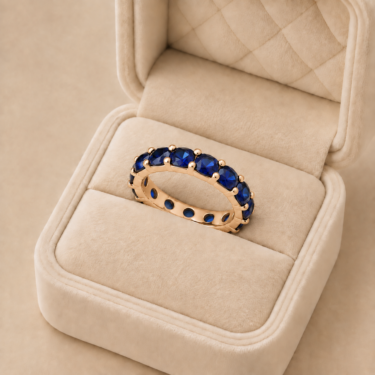 Image Sep 8, 2026, 01_34_52 PM Inel din oțel inoxidabil placat cu aur de 18 K, model Eternity 5 mm încrustat cu zirconii albastre safir, hipoalergenic, marimea 6, Noem® - imagine 1