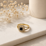 Inel elegant din oțel inoxidabil placat cu aur de 14K, cu zirconiu albastru safir și dublu halo de micro-cristale, Noem® - imagine 2