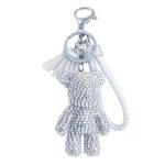 Breloc de lux argintiu cu ursuleț de cristal, curea albă împletită și ciucure, lungime 10 cm, Noem® - imagine 3