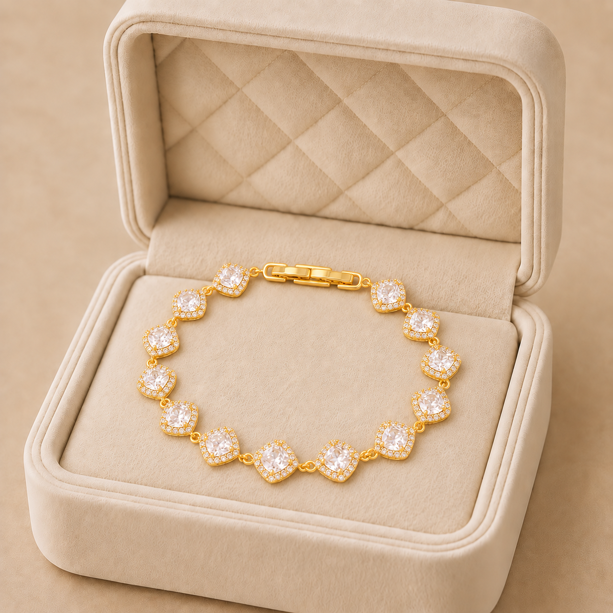 NO1094-BP24778_01 Brățară de damă placată cu aur 14K, cu medalioane pătrate halo și zirconii fațetate, închizătoare clapetă, hipoalergenică, auriu, Noem® - imagine 1