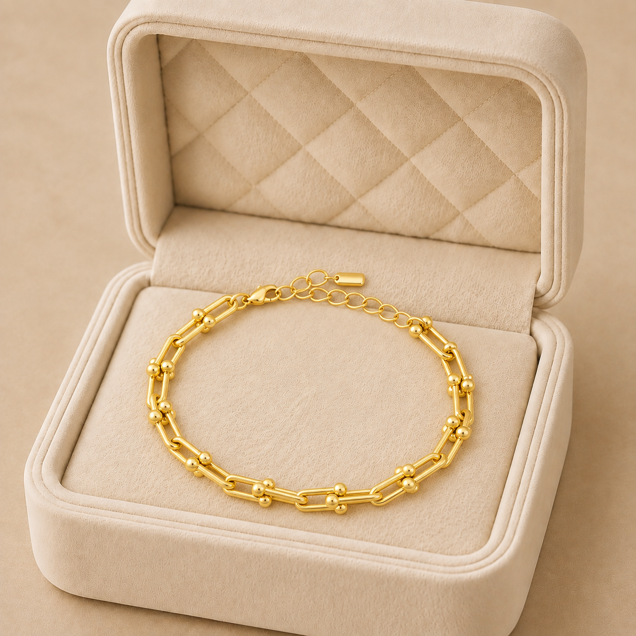 NO1097-BP27035_01 Brățară de damă placată cu aur 14K, model lanț zale dreptunghiulare cu accente sferice, lanț de prelungire, hipoalergenică, auriu, Noem® - imagine 1